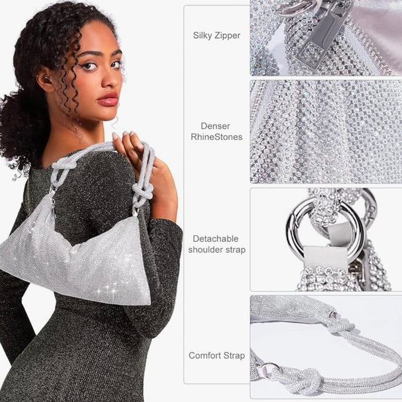 NWOT Silver Rhinestone Evening Bag with detachable strap. - Picture 11 of 12